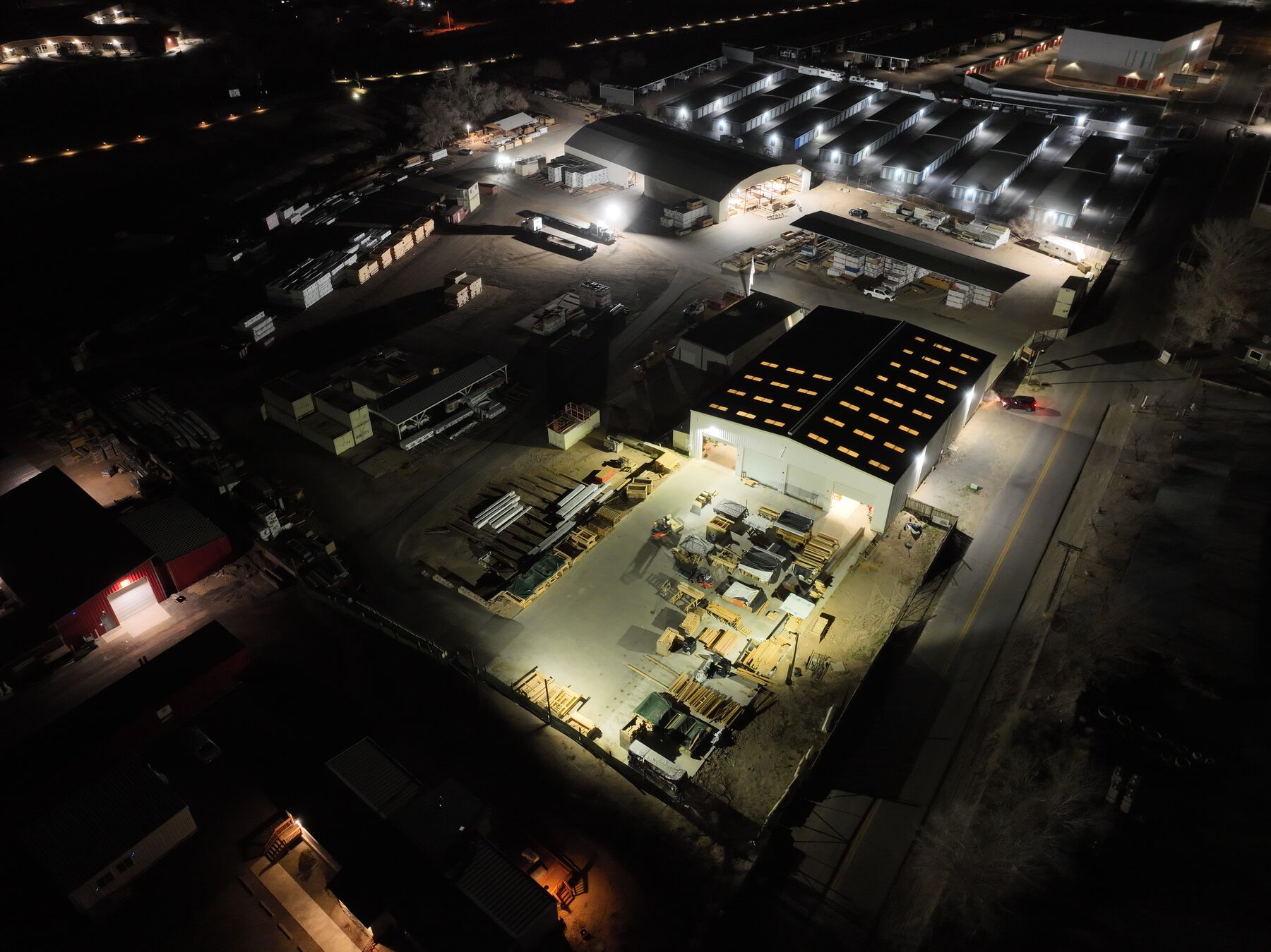 The panel plant and laydown yard, lit for night production